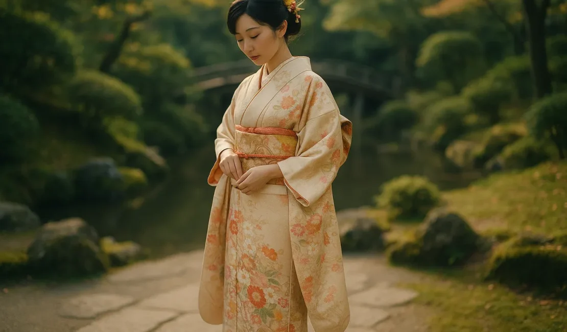 A realistic editorial-style photograph of a young Japanese woman wearing a traditional silk kimono with intricate floral patterns, standing gracefully in a serene Japanese garden during late afternoon. She is adjusting her obi sash while soft natural daylight illuminates her face and the delicate folds of the kimono. The background features a stone pathway, moss-covered rocks, a wooden bridge, and lush greenery with subtle hints of autumn colors. Traditional wooden zōri sandals are visible, and her hair is styled with elegant kanzashi hairpins. The mood is calm, authentic, and respectful, emphasizing the beauty and cultural heritage of Japanese traditional clothing. Captured with a DSLR-style depth of field, shallow focus on the subject, and soft bokeh in the background, showcasing natural textures and colors. No text, logos, or watermarks. Editorial stock photography style.