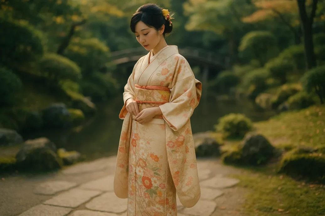 A realistic editorial-style photograph of a young Japanese woman wearing a traditional silk kimono with intricate floral patterns, standing gracefully in a serene Japanese garden during late afternoon. She is adjusting her obi sash while soft natural daylight illuminates her face and the delicate folds of the kimono. The background features a stone pathway, moss-covered rocks, a wooden bridge, and lush greenery with subtle hints of autumn colors. Traditional wooden zōri sandals are visible, and her hair is styled with elegant kanzashi hairpins. The mood is calm, authentic, and respectful, emphasizing the beauty and cultural heritage of Japanese traditional clothing. Captured with a DSLR-style depth of field, shallow focus on the subject, and soft bokeh in the background, showcasing natural textures and colors. No text, logos, or watermarks. Editorial stock photography style.