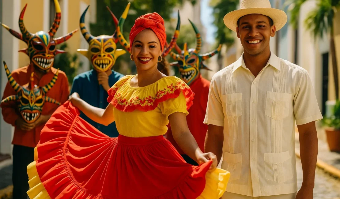 A vibrant, authentic editorial-style photograph of traditional Puerto Rican outfits. The scene is set outdoors in natural daylight, capturing the warm, tropical sunlight illuminating the rich colors and textures of the garments. In the foreground, a female dancer wears a full, layered bomba skirt with bright ruffles, a matching embroidered blouse, and a neatly tied headwrap, mid-twirl to show movement. Nearby, a male performer stands in a crisp guayabera shirt with pleats, light-colored trousers, and a straw pava hat, smiling naturally. Behind them, a group of performers holds colorful vejigante masks, featuring intricate hand-painted designs and horns, adding depth and cultural context. The environment reflects a traditional Puerto Rican street festival, with cobblestone paths, historic colonial-style buildings, and tropical plants subtly in the background. The mood is lively, celebratory, and culturally immersive, with a sense of movement, authenticity, and joy. Shot with a DSLR camera at a shallow depth of field to focus on the dancers and costumes while softly blurring the background. No text, watermarks, or logos. Editorial stock photo style, capturing genuine expressions and dynamic, flowing fabrics.