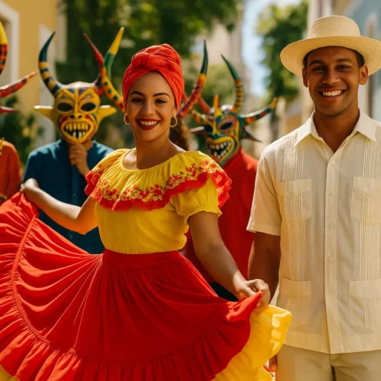 A vibrant, authentic editorial-style photograph of traditional Puerto Rican outfits. The scene is set outdoors in natural daylight, capturing the warm, tropical sunlight illuminating the rich colors and textures of the garments. In the foreground, a female dancer wears a full, layered bomba skirt with bright ruffles, a matching embroidered blouse, and a neatly tied headwrap, mid-twirl to show movement. Nearby, a male performer stands in a crisp guayabera shirt with pleats, light-colored trousers, and a straw pava hat, smiling naturally. Behind them, a group of performers holds colorful vejigante masks, featuring intricate hand-painted designs and horns, adding depth and cultural context. The environment reflects a traditional Puerto Rican street festival, with cobblestone paths, historic colonial-style buildings, and tropical plants subtly in the background. The mood is lively, celebratory, and culturally immersive, with a sense of movement, authenticity, and joy. Shot with a DSLR camera at a shallow depth of field to focus on the dancers and costumes while softly blurring the background. No text, watermarks, or logos. Editorial stock photo style, capturing genuine expressions and dynamic, flowing fabrics.
