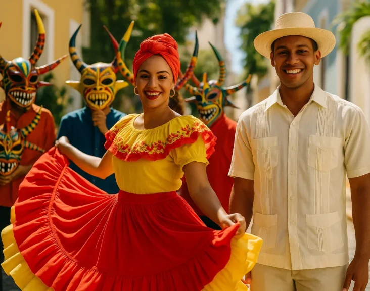 A vibrant, authentic editorial-style photograph of traditional Puerto Rican outfits. The scene is set outdoors in natural daylight, capturing the warm, tropical sunlight illuminating the rich colors and textures of the garments. In the foreground, a female dancer wears a full, layered bomba skirt with bright ruffles, a matching embroidered blouse, and a neatly tied headwrap, mid-twirl to show movement. Nearby, a male performer stands in a crisp guayabera shirt with pleats, light-colored trousers, and a straw pava hat, smiling naturally. Behind them, a group of performers holds colorful vejigante masks, featuring intricate hand-painted designs and horns, adding depth and cultural context. The environment reflects a traditional Puerto Rican street festival, with cobblestone paths, historic colonial-style buildings, and tropical plants subtly in the background. The mood is lively, celebratory, and culturally immersive, with a sense of movement, authenticity, and joy. Shot with a DSLR camera at a shallow depth of field to focus on the dancers and costumes while softly blurring the background. No text, watermarks, or logos. Editorial stock photo style, capturing genuine expressions and dynamic, flowing fabrics.