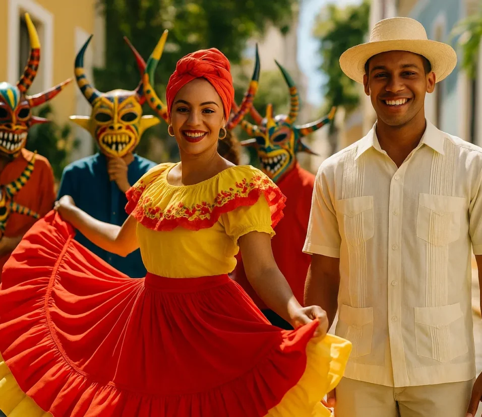 A vibrant, authentic editorial-style photograph of traditional Puerto Rican outfits. The scene is set outdoors in natural daylight, capturing the warm, tropical sunlight illuminating the rich colors and textures of the garments. In the foreground, a female dancer wears a full, layered bomba skirt with bright ruffles, a matching embroidered blouse, and a neatly tied headwrap, mid-twirl to show movement. Nearby, a male performer stands in a crisp guayabera shirt with pleats, light-colored trousers, and a straw pava hat, smiling naturally. Behind them, a group of performers holds colorful vejigante masks, featuring intricate hand-painted designs and horns, adding depth and cultural context. The environment reflects a traditional Puerto Rican street festival, with cobblestone paths, historic colonial-style buildings, and tropical plants subtly in the background. The mood is lively, celebratory, and culturally immersive, with a sense of movement, authenticity, and joy. Shot with a DSLR camera at a shallow depth of field to focus on the dancers and costumes while softly blurring the background. No text, watermarks, or logos. Editorial stock photo style, capturing genuine expressions and dynamic, flowing fabrics.