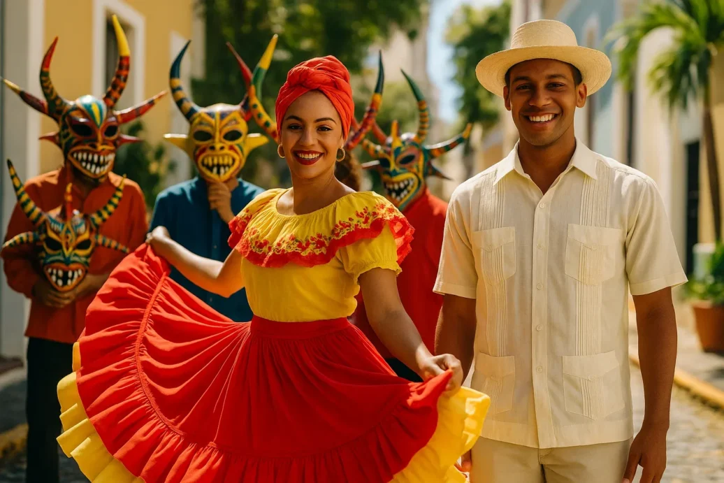 A vibrant, authentic editorial-style photograph of traditional Puerto Rican outfits. The scene is set outdoors in natural daylight, capturing the warm, tropical sunlight illuminating the rich colors and textures of the garments. In the foreground, a female dancer wears a full, layered bomba skirt with bright ruffles, a matching embroidered blouse, and a neatly tied headwrap, mid-twirl to show movement. Nearby, a male performer stands in a crisp guayabera shirt with pleats, light-colored trousers, and a straw pava hat, smiling naturally. Behind them, a group of performers holds colorful vejigante masks, featuring intricate hand-painted designs and horns, adding depth and cultural context. The environment reflects a traditional Puerto Rican street festival, with cobblestone paths, historic colonial-style buildings, and tropical plants subtly in the background. The mood is lively, celebratory, and culturally immersive, with a sense of movement, authenticity, and joy. Shot with a DSLR camera at a shallow depth of field to focus on the dancers and costumes while softly blurring the background. No text, watermarks, or logos. Editorial stock photo style, capturing genuine expressions and dynamic, flowing fabrics.