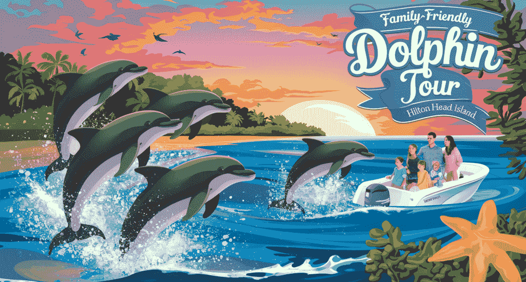 The image captures a serene scene of a family-friendly dolphin tour around Hilton Head Island, featuring playful dolphins leaping against a vibrant sunset of orange, pink, and purple hues, with a family on a small boat joyfully watching, set against lush greenery and gentle ocean waves, evoking a sense of adventure and relaxation. 