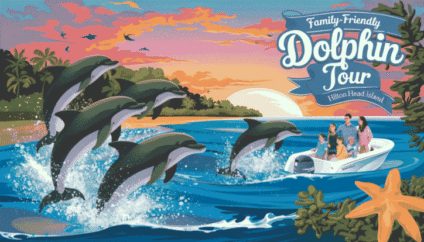 The image captures a serene scene of a family-friendly dolphin tour around Hilton Head Island, featuring playful dolphins leaping against a vibrant sunset of orange, pink, and purple hues, with a family on a small boat joyfully watching, set against lush greenery and gentle ocean waves, evoking a sense of adventure and relaxation. 