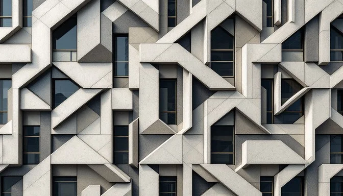 Modern geometric architectural facade with interlocking concrete patterns representing Boelis structured thinking framework and systematic organization