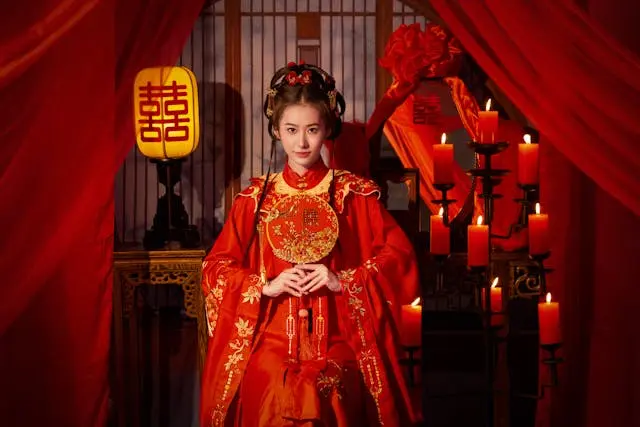 Woman wearing traditional Chinese wedding attire in a red decorated room with candles and cultural decorations